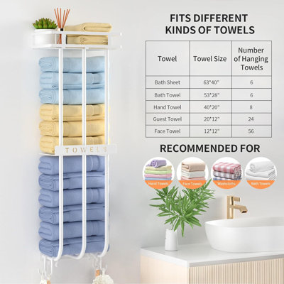 Wall Mounted Towel Rack With 3 Bars And 4 Hooks - Sturdy Bathroom Towel Holder For Rolled Towels, Space-Saving Storage Shelf And Metal Divider For Organized Bathroom