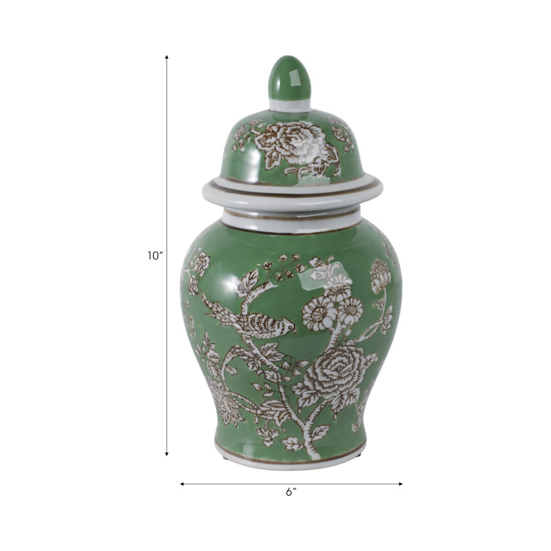 Decorative Bird And Flower Temple Jar With Lid -  Tall Home Decor Accent For Coffee Table - Versatile Jar Or Vase For Office Desk - Green & White