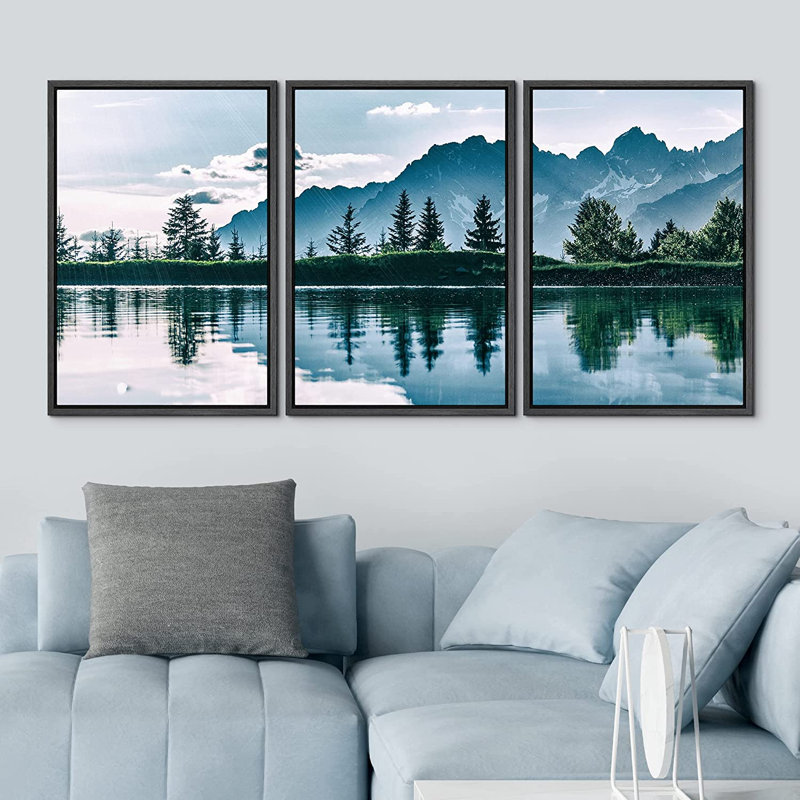 «Noway Natural Landscape Green Mountain Lake Forest Reflection», impression sur toile 3 pièces, Noir, H 36 po x l 72 po
