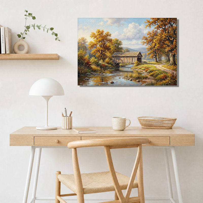 " Covered Bridge Over River In Autumn " Painting Print, 24"H x 36"W