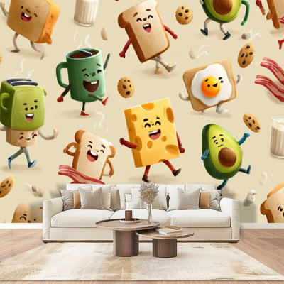 Murale de papier peint pelez et collez Groovy déjeuner personnages tuile sans couture drôle rétro bacon œuf toast art mural auto-adhésif et amovible