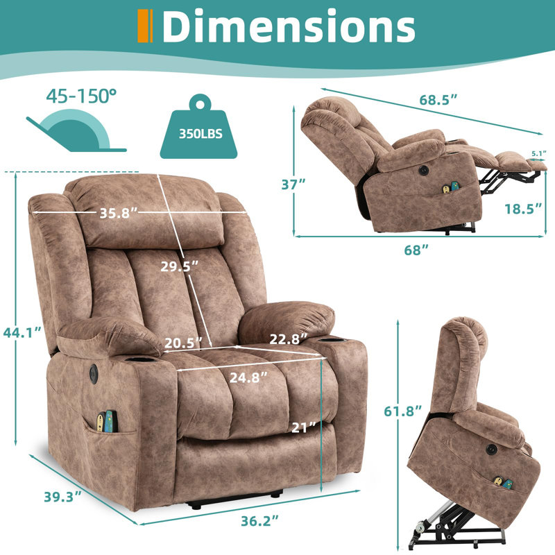 Fauteuil inclinable électrique lève-personne rembourré, Velours brun