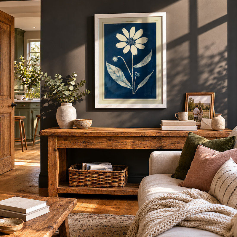 Pale Bloom On Navy Botanical - Print, A3 - 42.0 x 29.7 cm, White