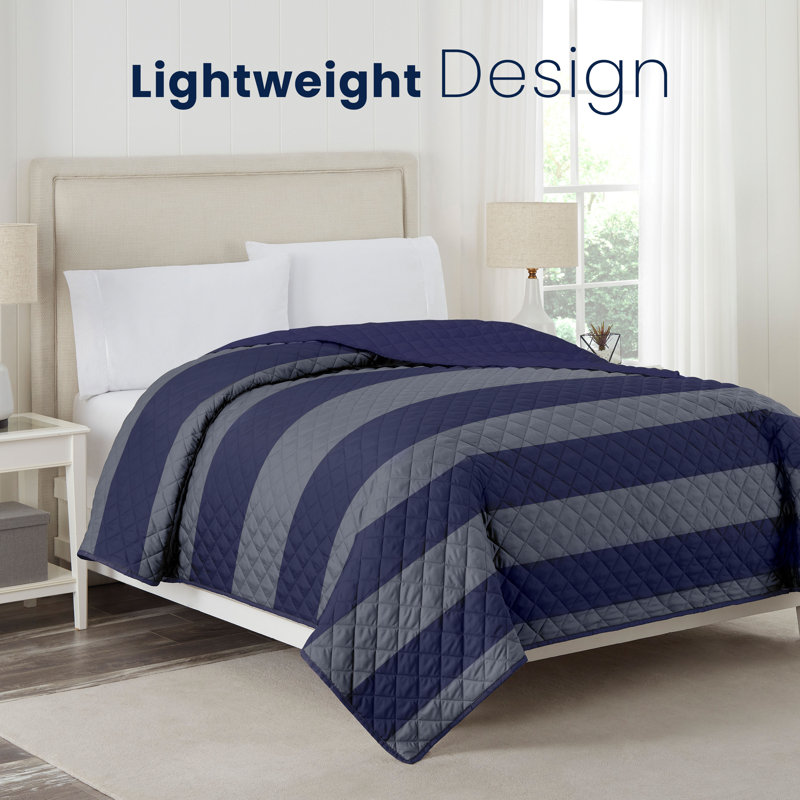 Martex Reversible Coverlet, Queen Coverlet / Bedspread, Graphite/Navy Rugby Stripe