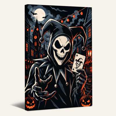 Art mural sur toile, "Skeletal Jester in Spooky Village"