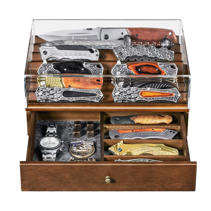 Wooden Pocket Knife Display Case with Clear Acrylic Dust‑Proof Lid, Multi‑Slot Knife Collector Storage Box with Felt‑Lined Drawer for Folding Knives, Watches and EDC Gear