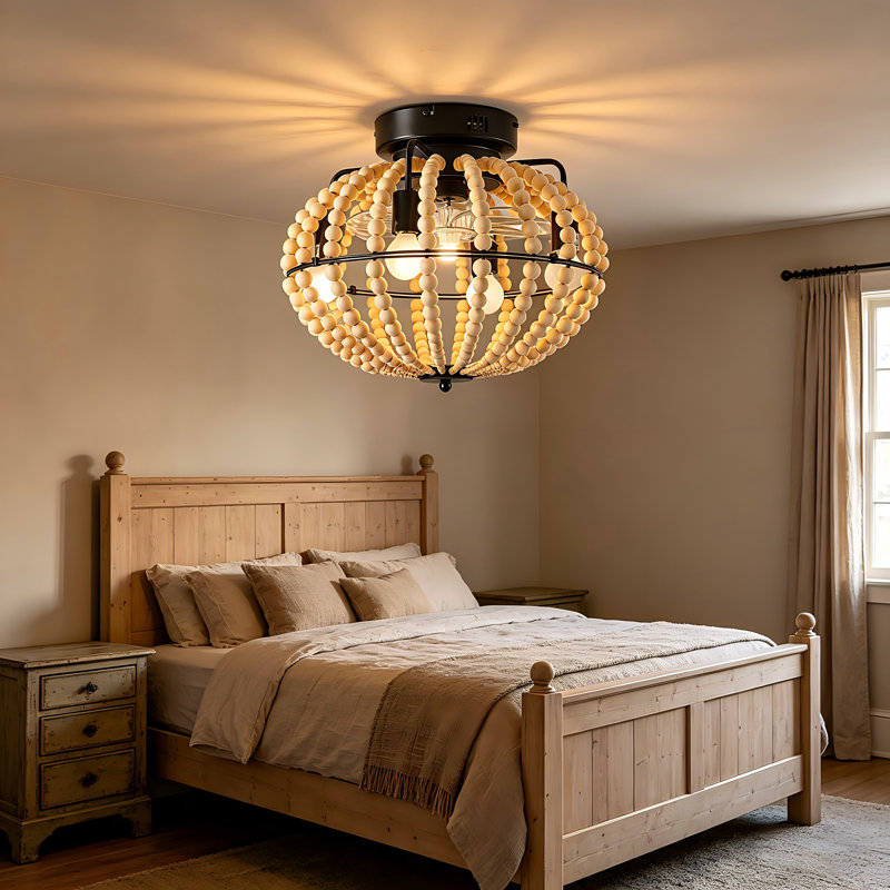 Ventilateur de plafond en perles de bois 18,1 po pour décoration intérieure (silencieux / 6 vitesses / réversible / moteur à courant continu)