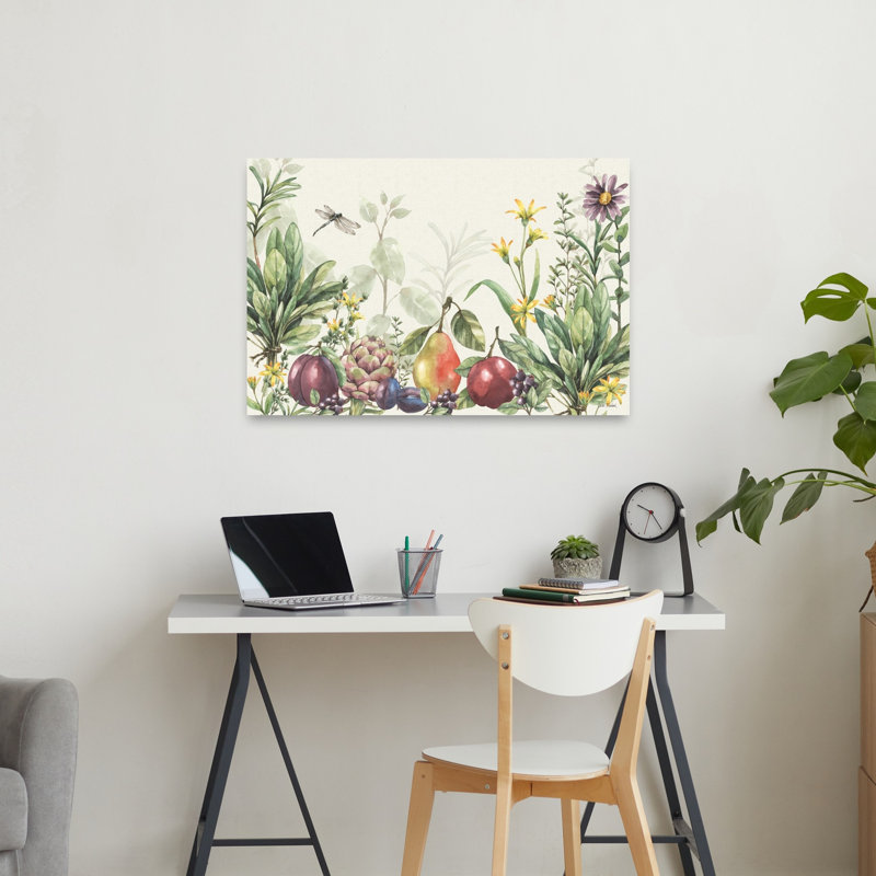 «Illustrated Garden I Abstract Dragonfly Fruit Nature», reproduction d'art, 24" H x 36" W