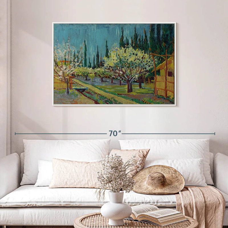 Verger bordé de cyprès, Cadre flottant blanc, 43 po x 29 po