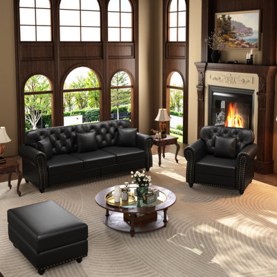 Upholstered Faux Leather Sofa With Nailhead Trim And Rolled Armrests,Mid-Century Modern Chesterfield Sofa With Button Tufted,Includes 4 Pillows,Black