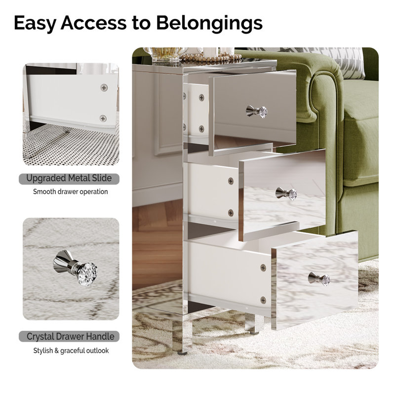 Silver Finish 3 Drawer Nightstand 15 Inch