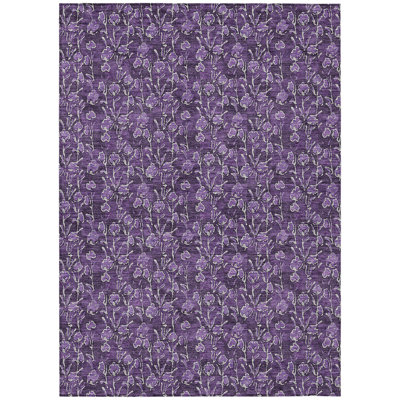 5' X 8' Purple Eggplant And Ivory Floral Washable Indoor Outdoor Area Rug