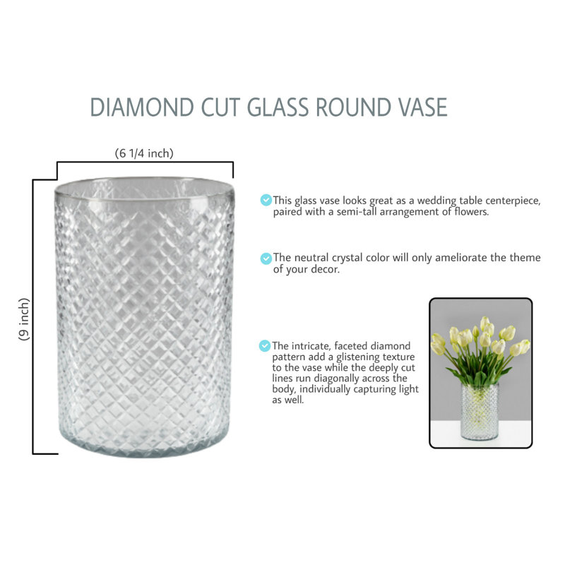 Grand vase à fleurs en verre taillé à losanges Mercer41, centre de table simple pour mariage, événement, fête, verre décoratif pour la maison, mesure 9 po de hauteur et 6,25 po de diamètre