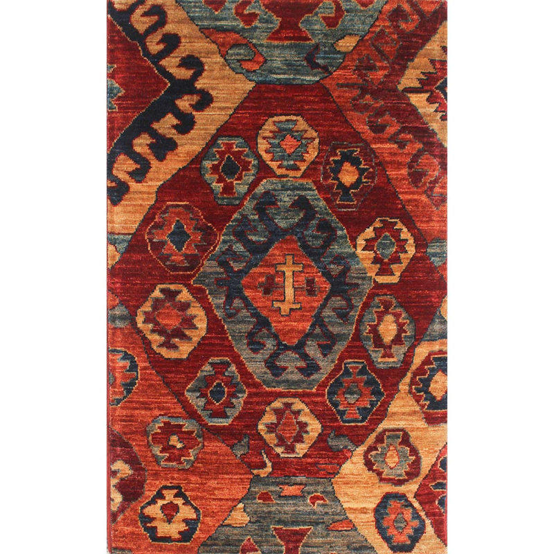 Tapis unique rouge / gris / orange noué à la main de haute qualité