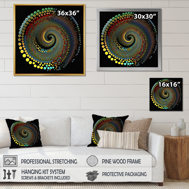 Iridiscdent pointillism spiral sur toile, H 16 po x l 16 po x P 1 po, Cadre simple argenté