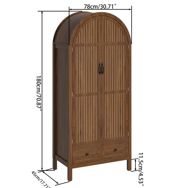 Armoire Wardrobe Closet with 2 Arched Fluted Doors, Wardrobe Cabinet with 2 Drawers, Wardrobe Armoire with Shelves and Hanging Rod for Bedroom