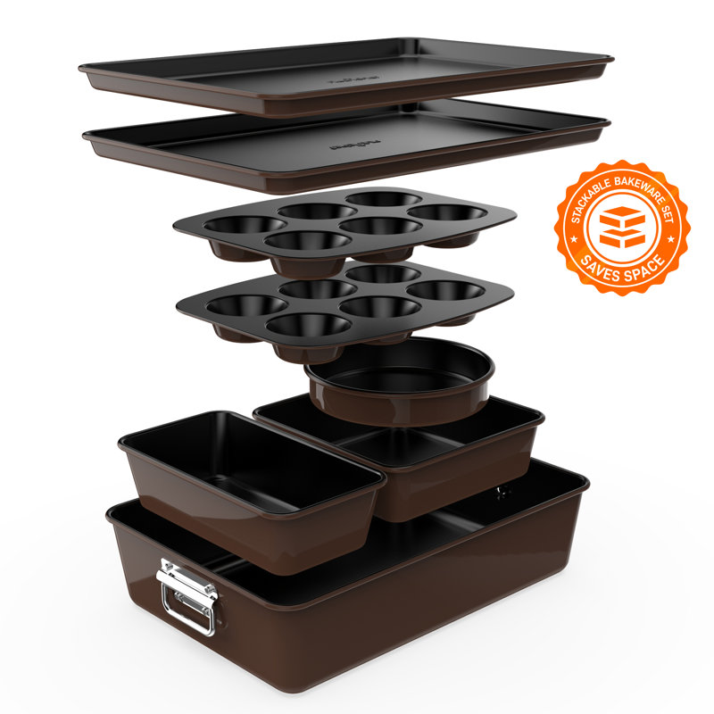 8-Piece Nonstick Stackable Bakeware Set - Pfoa, Pfos, Ptfe Free Baking Tray Set W/ Non-Stick Coating, 450°F Oven Safe, Round Cake, Loaf, Muffin, Wide/Square Pans, Cookie Sheet 