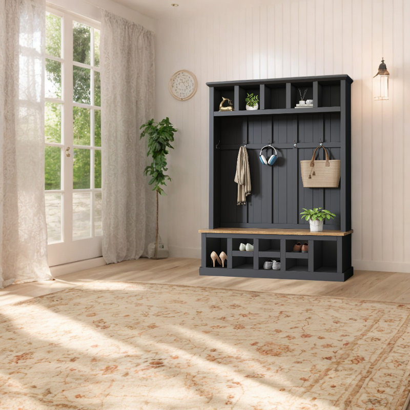 Calisto Hall Tree with Bench Entryway Shoe Cabinet with Hooks and Shoe Storage, Black