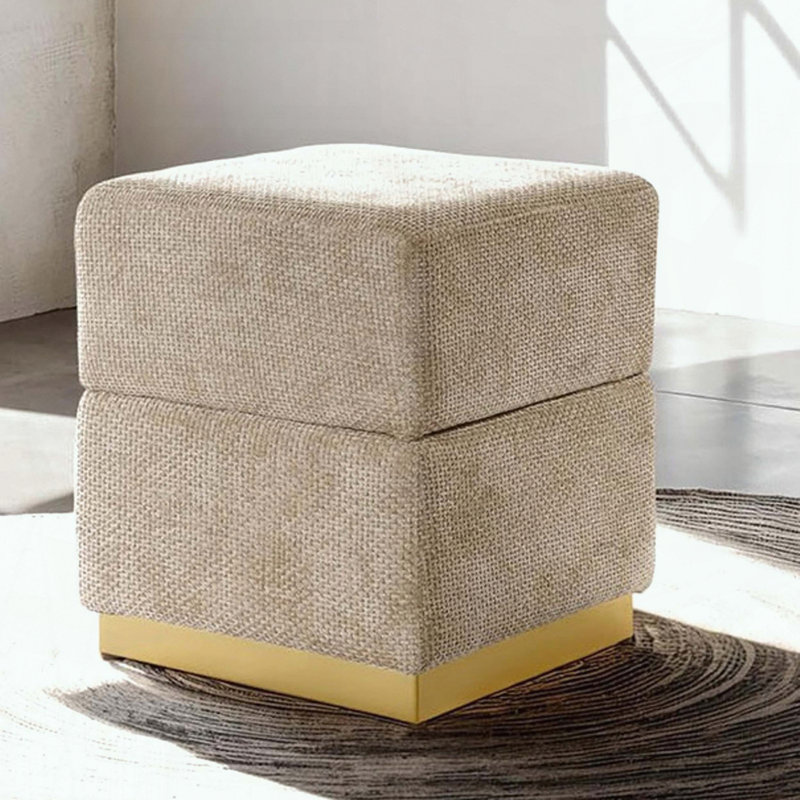 Tabouret de rangement Cube Design - Chenille - Base plaquée or - Contemporain, Gris argenté