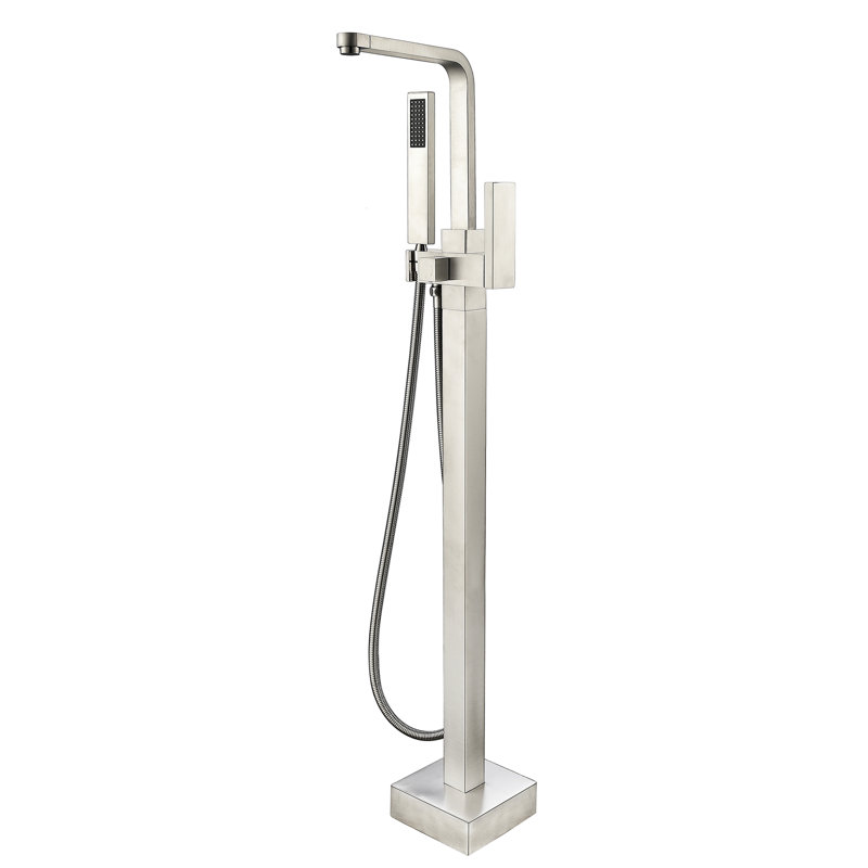 Robinet de baignoire autoportant en nickel brossé avec douche à main, fabriqué en métal robuste pour une douche de luxe à jet complet