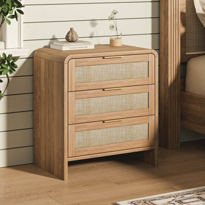 Set of 2 Rattan 3-Drawer Nightstands with Gold Handles, Curved Edge Design