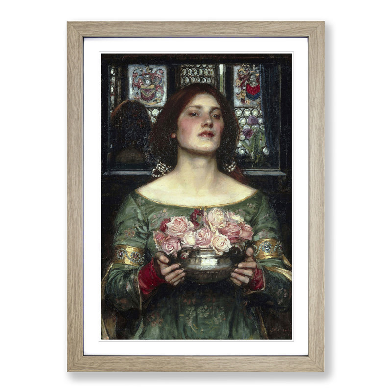 Girl with Flowers by John William Waterhouse - Picture Frame Painting, 36cm H x 27cm W x 2cm D, Oak Framed