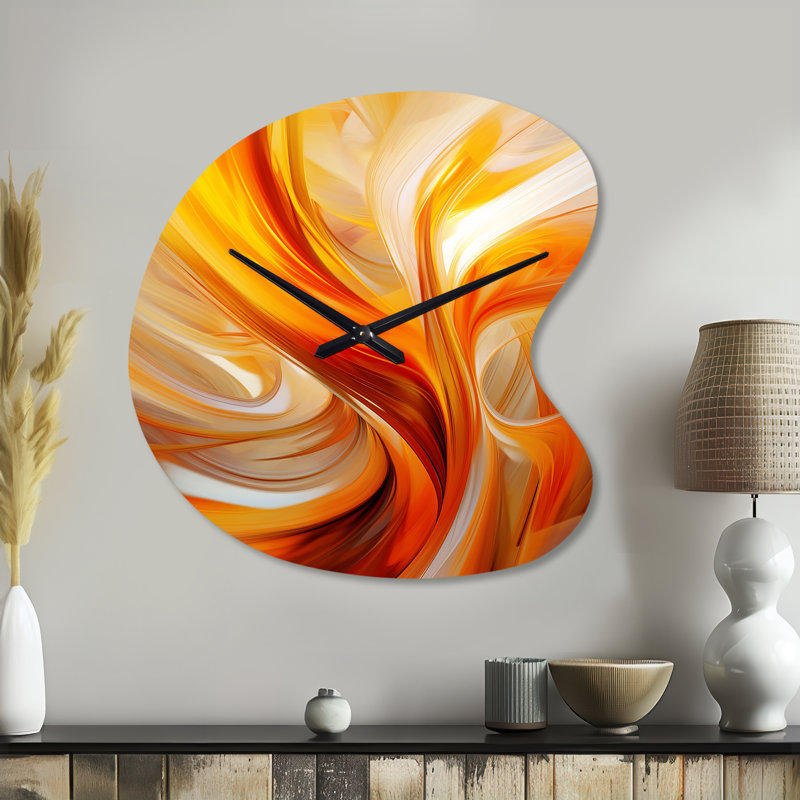 Horloge murale orange abstraite, conception fractale chaleureuse VII - fractales, horloges murales asymétriques en métal
