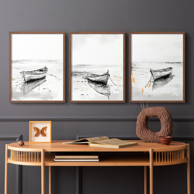 Série Sea and Shore CXVII - Ensemble de 3 estampes numériques - Prêt à accrocher, Noyer, H 28 po x l 22 po
