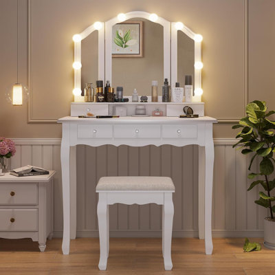 Vanity Desk with Lighted Mirror and Stool, Vanity Table Set with 5 Drawers