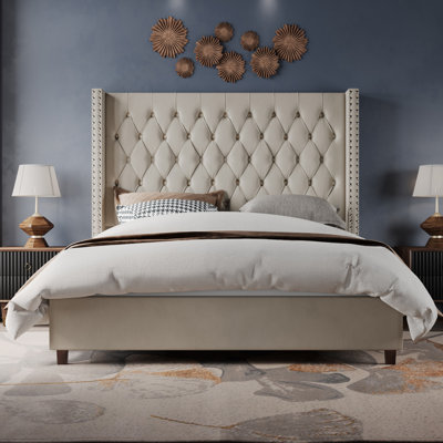 Bed Frame with 61.4" Tall Headboard Upholstered Velvet Platform Bed
