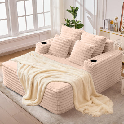Oversized Chaise Lounge Chair Indoor, 53 Inch Upholstered Sofa Bed with Throw Pillows and Armrests,Cup Holder, Comfy Corduroy Sleeper Couch for Living by Mercer41