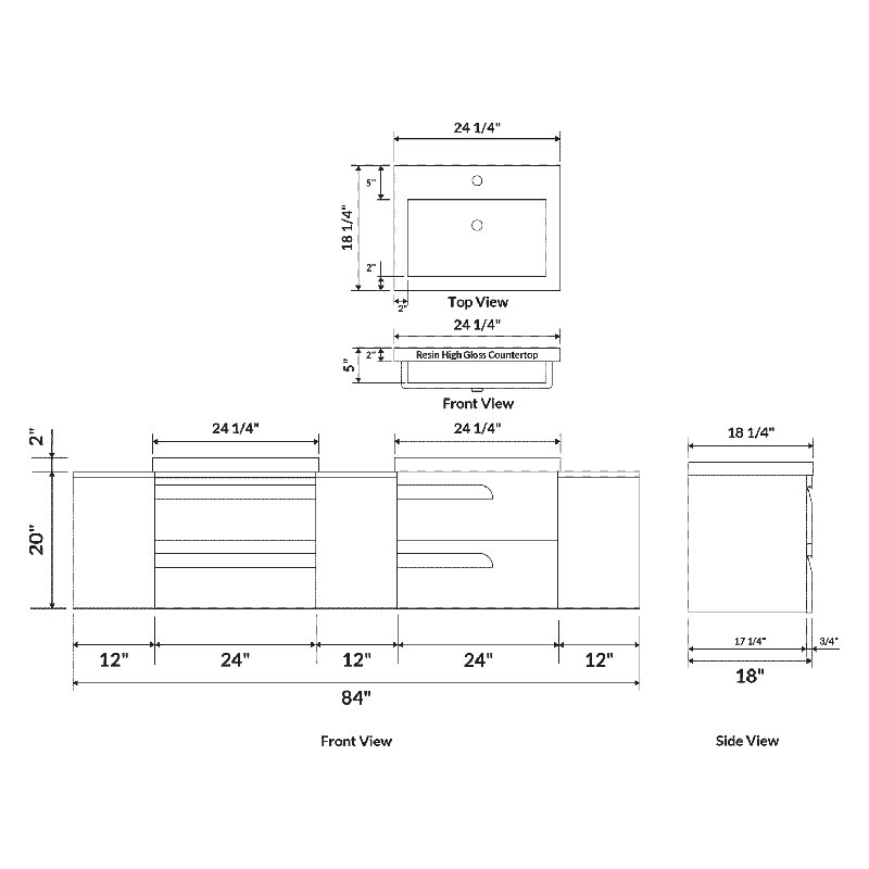 Meuble-lavabo mural double l 84 po x P 18 po x H 22 po