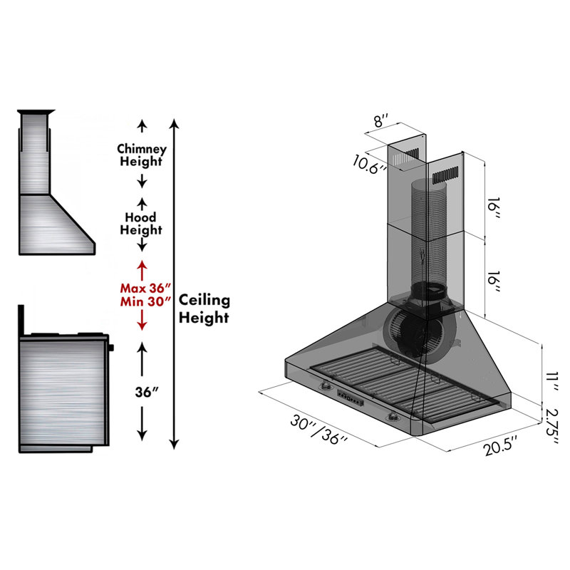 30" KF 400 CFM Convertible Wall Mount Range Hood, 36", Stainless Steel