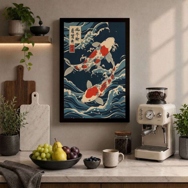 Koi in Winter Water Japandi - Wrapped Canvas, 18x12 - 45.7 x 30.5 cm, Sage Border