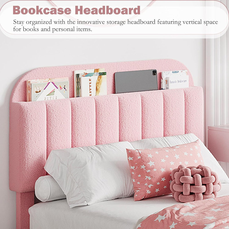 Grand lit plateforme tapissier avec tête de lit et 2 tiroirs Queen Boucle, rose, Grand lit, Rose