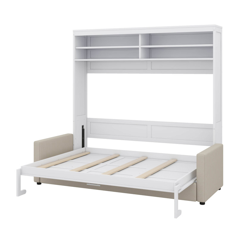 Grand lit escamotable mural avec canapé et tablettes, Blanc