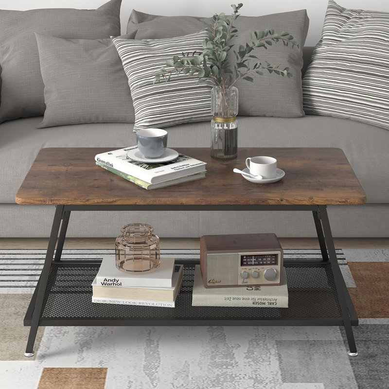 Table basse à 2 niveaux, table basse industrielle avec tablette en filet