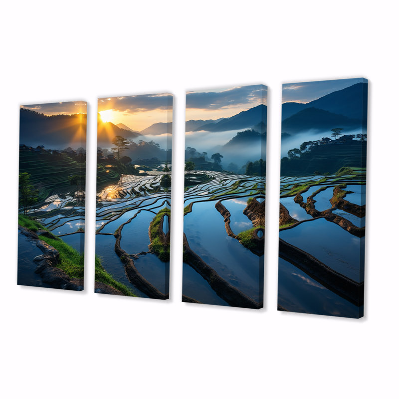 Coucher de soleil sur les champs chatoyants de Chine - Chine, art mural 4 pièces, H 32 po x l 64 po
