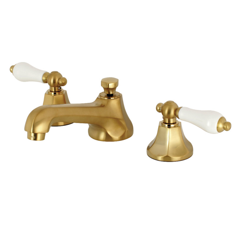 Kingston Brass Metropolitan Two-Handle 3-Hole Deck Mount Widespread Bathroom Faucet with Brass Pop-Up Drain, Brushed Brass