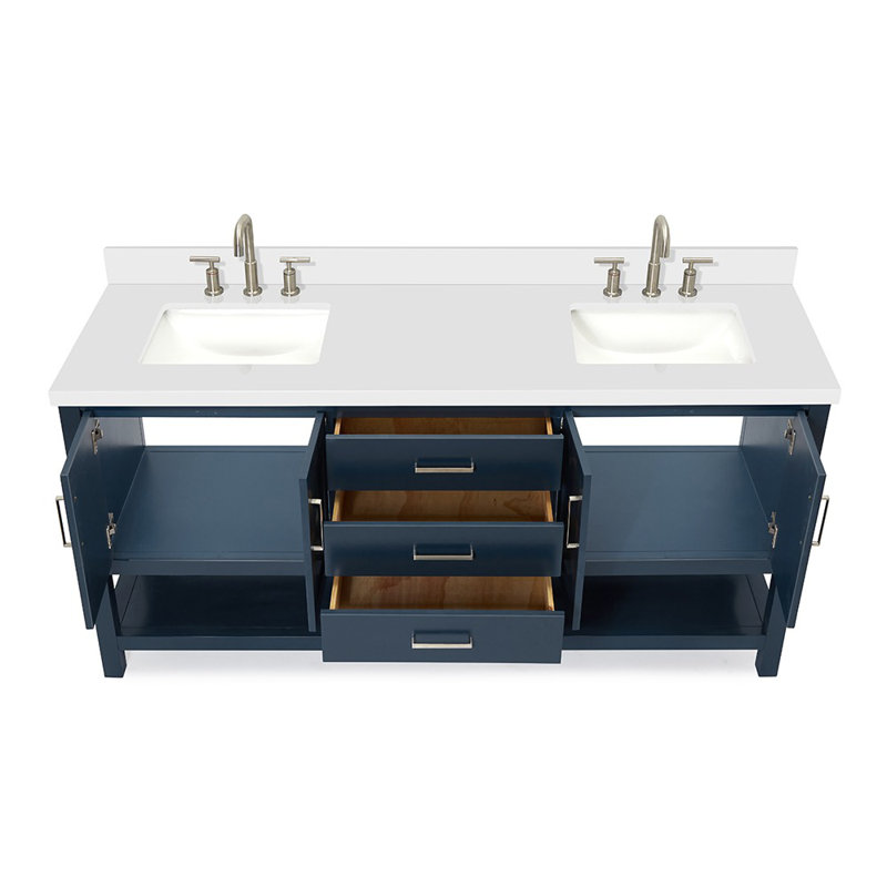 Meuble-lavabo double 73 po Magnolia avec comptoir en quartz blanc pur 1,5 po et lavabo rectangulaire, Rectangular
