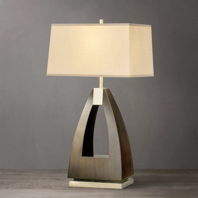 Lampe de table contemporaine haut de gamme Trina 30 po, bois de noyer et nickel brossé, abat-jour en lin blanc, interrupteur rotatif à 3 positions, compatible avec DEL