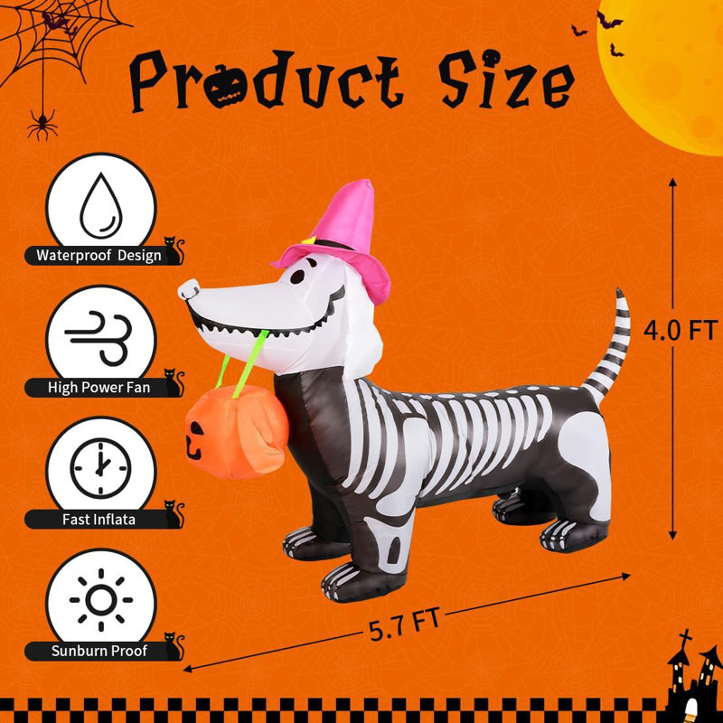 Fassett Halloween Inflatable 5.7 FT Skeleton Puppy Dog Inflatable with Build-in LEDs