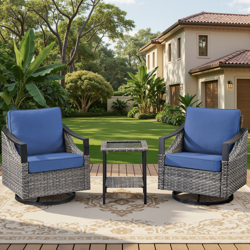 Ensemble de 3 chaises pivotantes en osier pour l'extérieur avec table d'appoint, Bleu