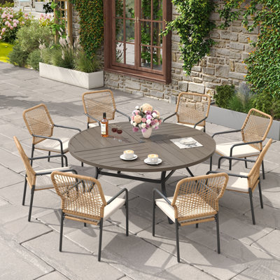 9-Pieces Patio Round Outdoor Dining Set With Rattan Armchair