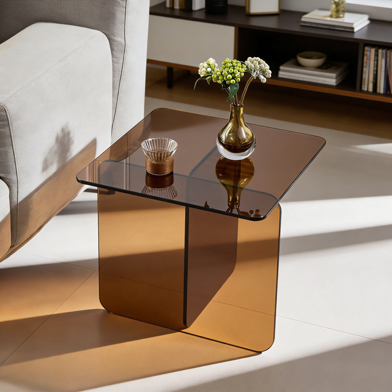 Modern Square Clear Tempered Glass Side Table with Cross Base and Minimalist Design, Brown