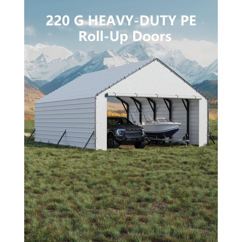 Heavy-Duty PE Enclosure Kit (2-Pack) for Metal Carport - 220gsm Roll-Up Zipper Door Panels for 20x25, 20x20 ft, with Ball Bungees, White