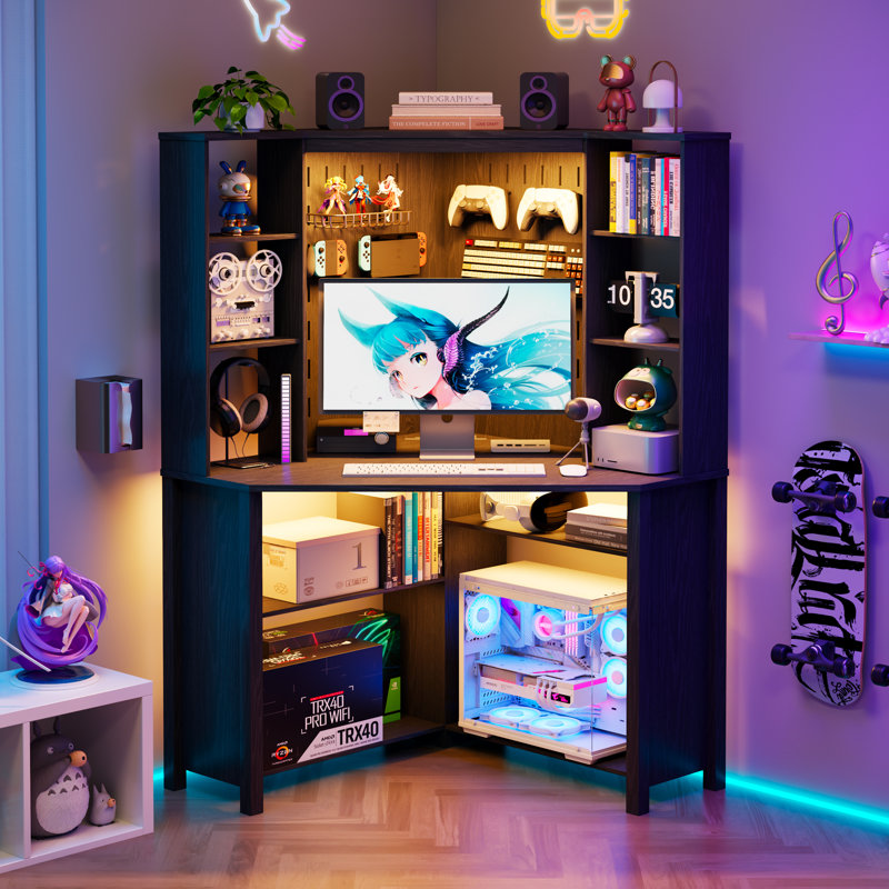 35"× 35" - Pentagonal Corner Computer Desk With Usb Ports, Adjustable Led Lighting, And 9 Layers Of Open Storage Space, Featuring A Perforated Back Panel Design