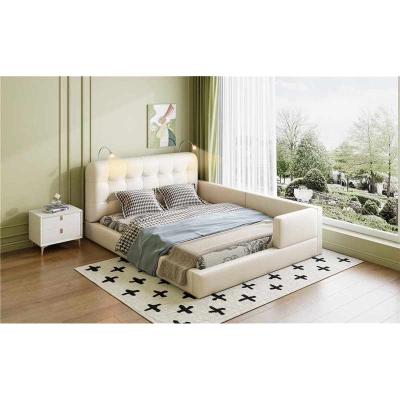 Grand lit plateforme tapissier avec 2 lampes de lecture, Blanc