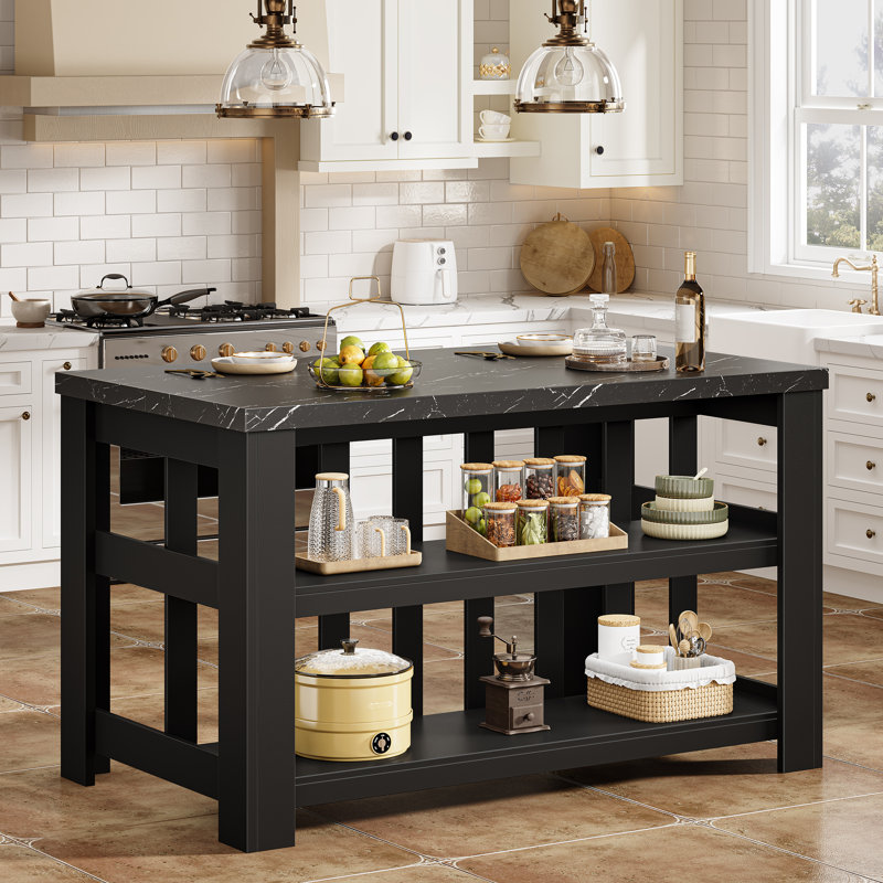 Îlot de cuisine DynJest avec prise électrique, comptoir en faux marbre noir, étagères de rangement ouvertes à 2 niveaux, table de préparation de cuisine autoportante pour salle à manger