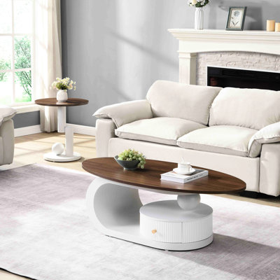 Table basse de luxe, salon, tables ovales et rondes, rangement, finition blanche, assemblage facile, coffre-fort pour famille, conception élégante, structure en métal, arrangement flexible